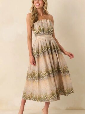 Entro Genevieve Beige Floral Strapless Midi Dress